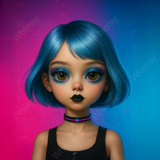 Gothic whimsical cyberpunk decoupage paper with futuristic doll character Xena, extra-large A0 format available for walls, furniture, and creative DIY transformations.