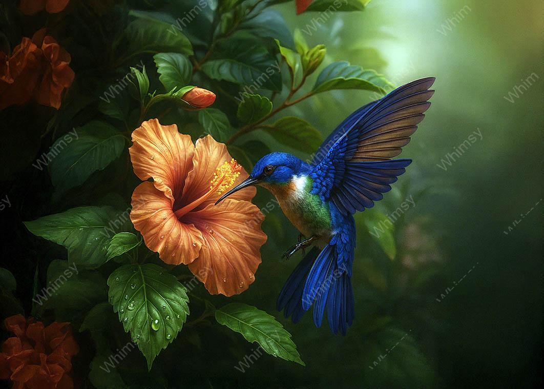Elegant blue and green hummingbird captured mid-flight at an orange hibiscus, ideal for extra-large decoupage or artistic wall prints.