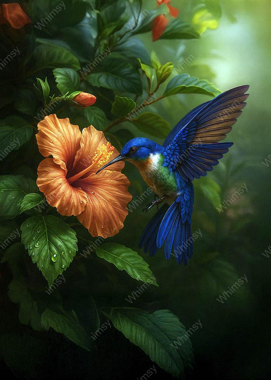 Colorful hummingbird hovering near a hibiscus flower, highly detailed and vivid for premium decoupage or wall decor