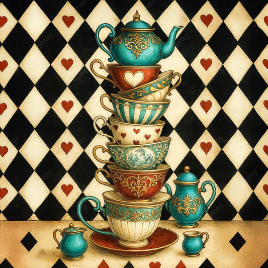 Whimsical Wonderland tea party artwork featuring ornate cups, a teapot, and playful heart details, perfect for decoupage projects.