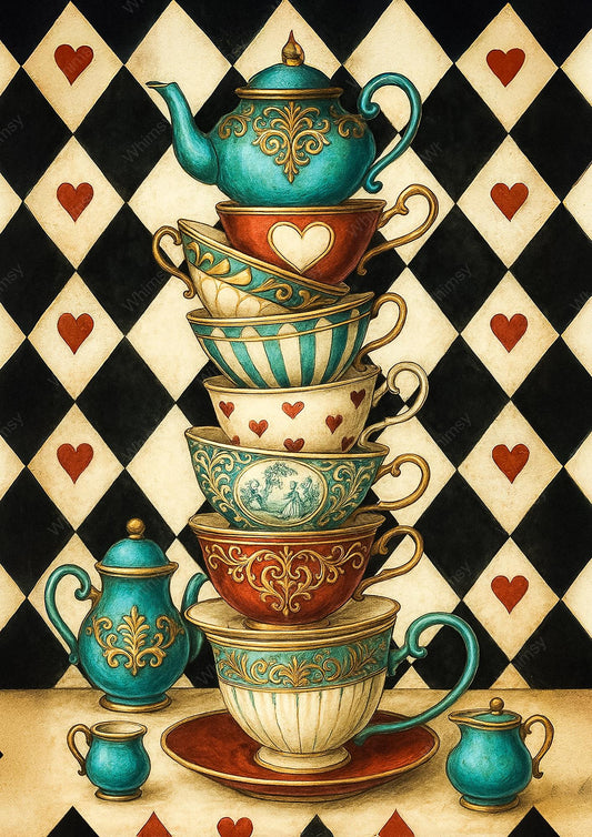Harlequin Wonderland print with stacked teacups and teapot, whimsical fantasy artwork for decoupage, DIY crafts, and decor.