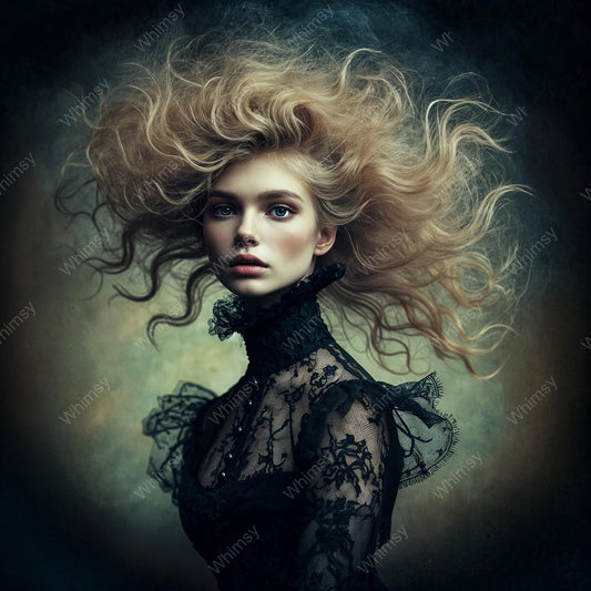 Woman with flowing blonde hair wearing a black lace garment against a dark background