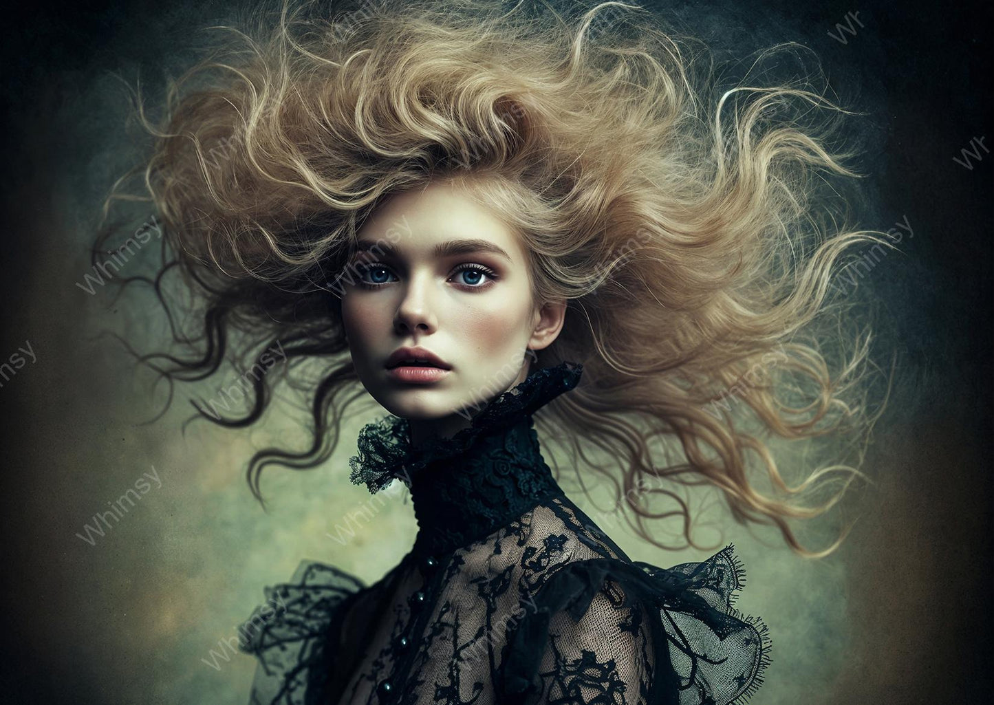 Woman with flowing blonde hair and a dark lace garment against a dark background