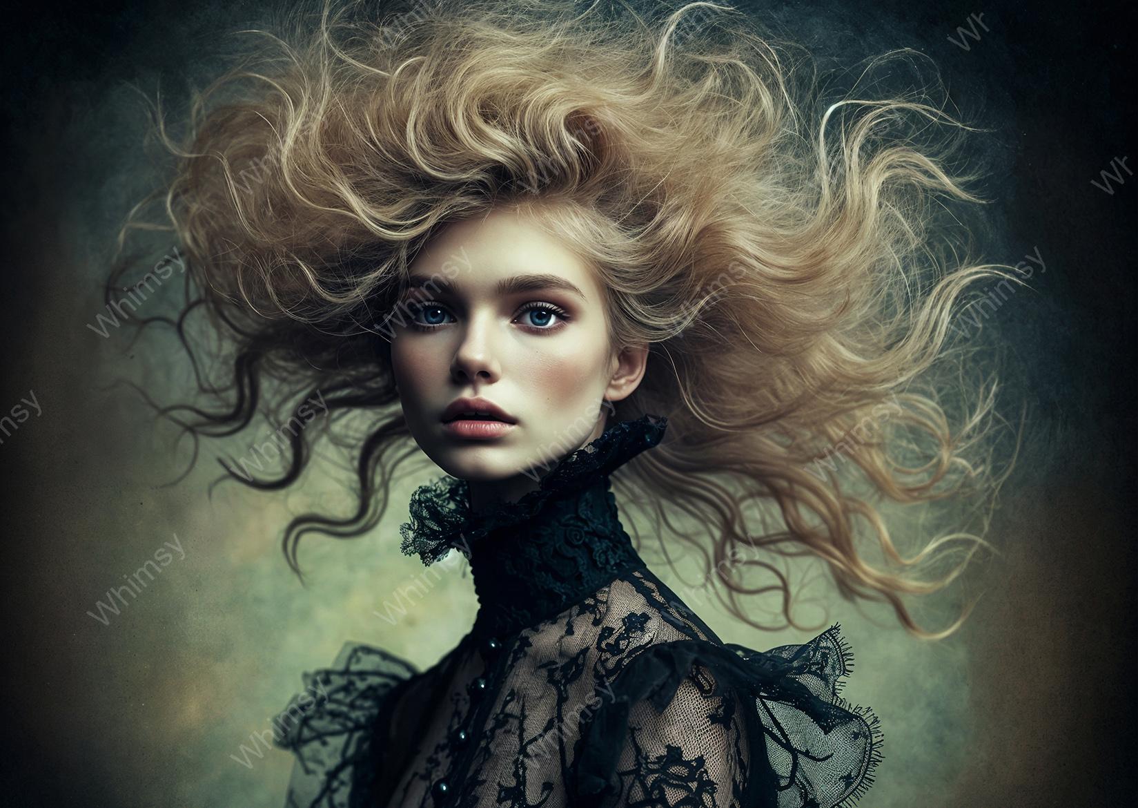 Woman with flowing blonde hair and a dark lace garment against a dark background
