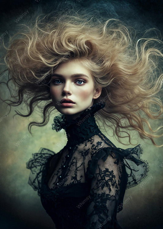 Woman with flowing blonde hair wearing a dark, lace-trimmed dress against a dark background