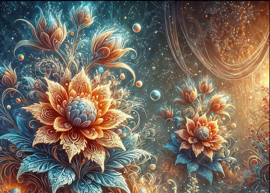 Ornate floral design with celestial elements on a dark background
