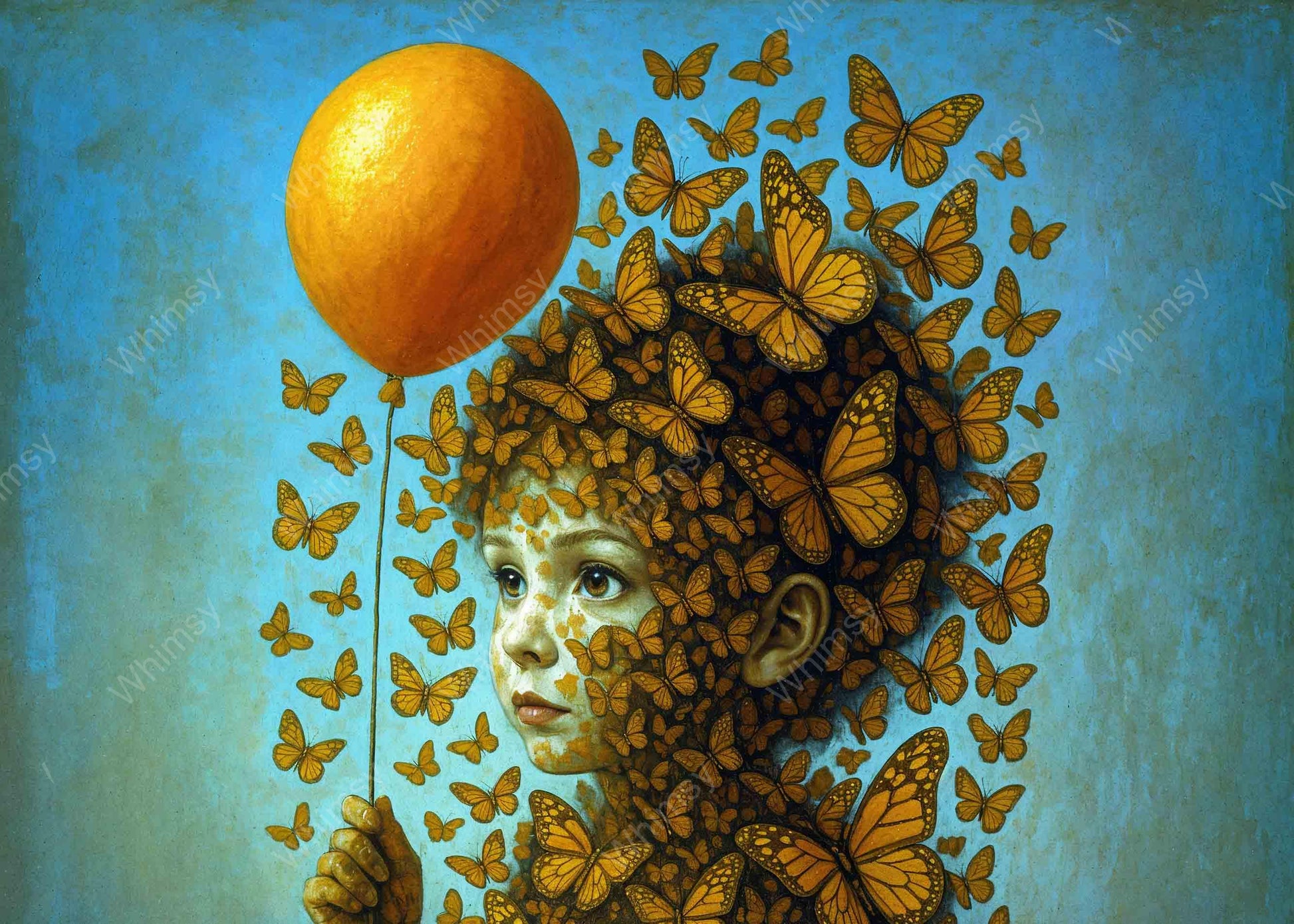 Dreamy illustration of child transforming into butterflies – whimsical wall art"