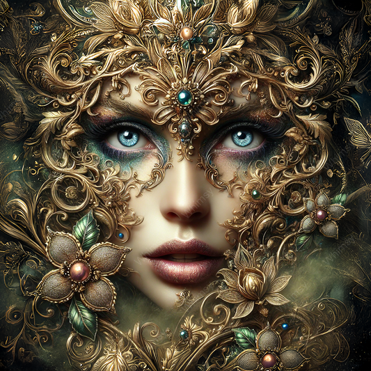 Calanthe, the Gilded Enigma, surrounded by shimmering flowers and baroque patterns on rich premium mulberry paper.
