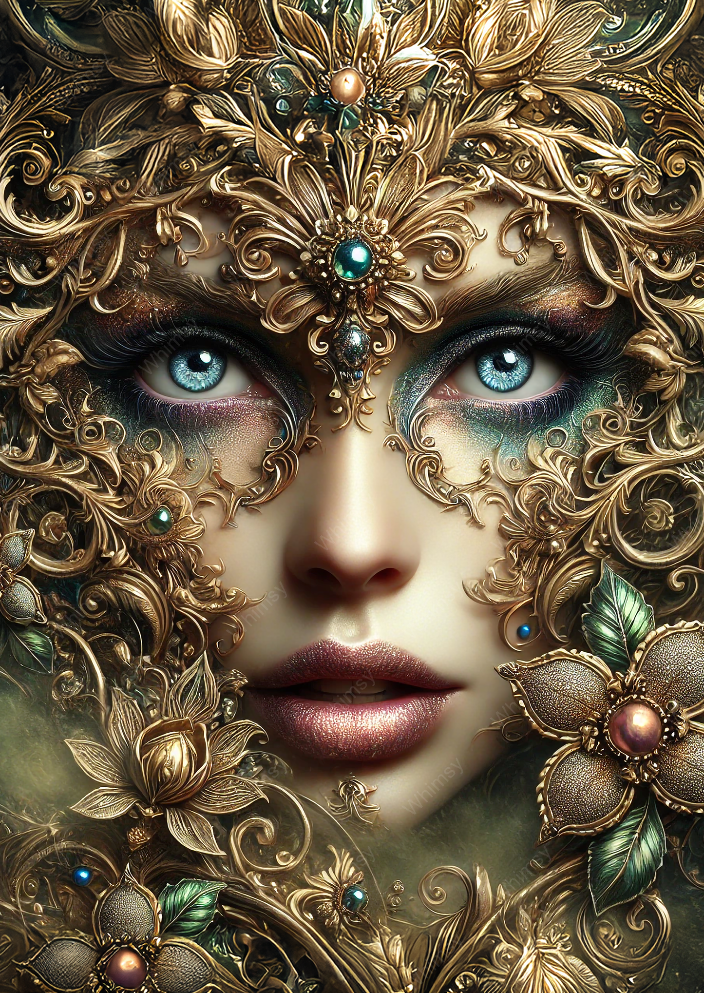 A mystical woman draped in gold and jeweled vines, Calanthe blends opulence and fantasy for elegant furniture art and crafts.