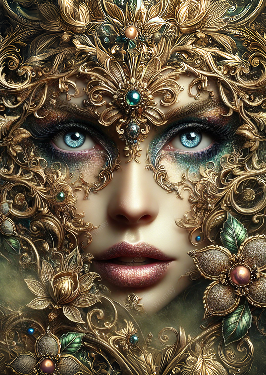 A mystical woman draped in gold and jeweled vines, Calanthe blends opulence and fantasy for elegant furniture art and crafts.