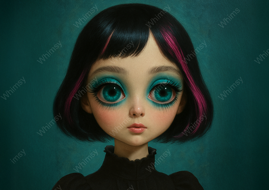 Gothic-inspired digital doll portrait for decoupage, featuring haunting oversized eyes