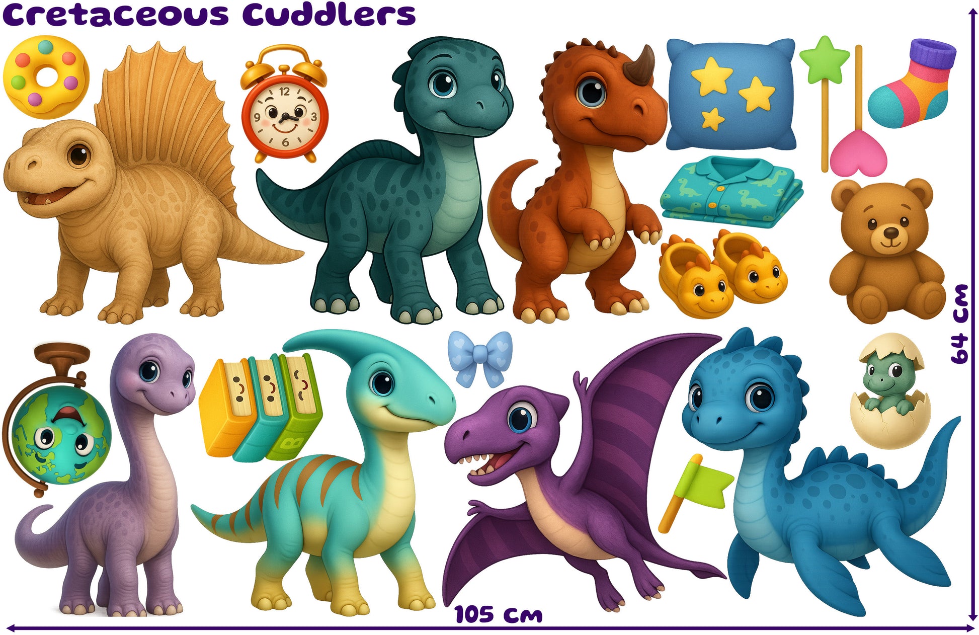 Sticker set of playful dinosaurs in in kids bedroom—books, globe, interacting with props in a bright, adventurous design printed on Phototex
