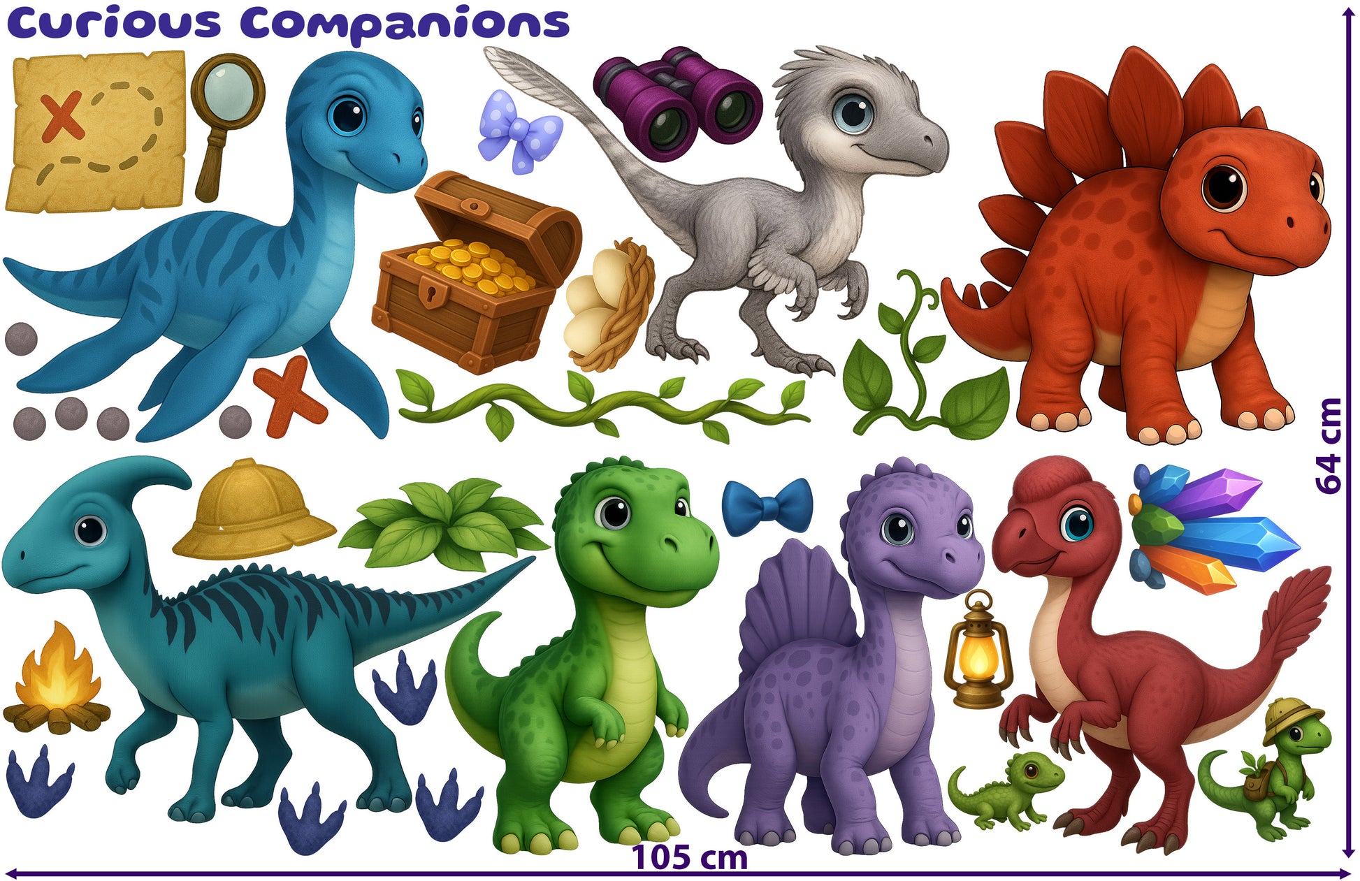 Sticker set of playful dinosaurs in action—climbing trees, vines, interacting with props in a bright, adventurous design on Phototex