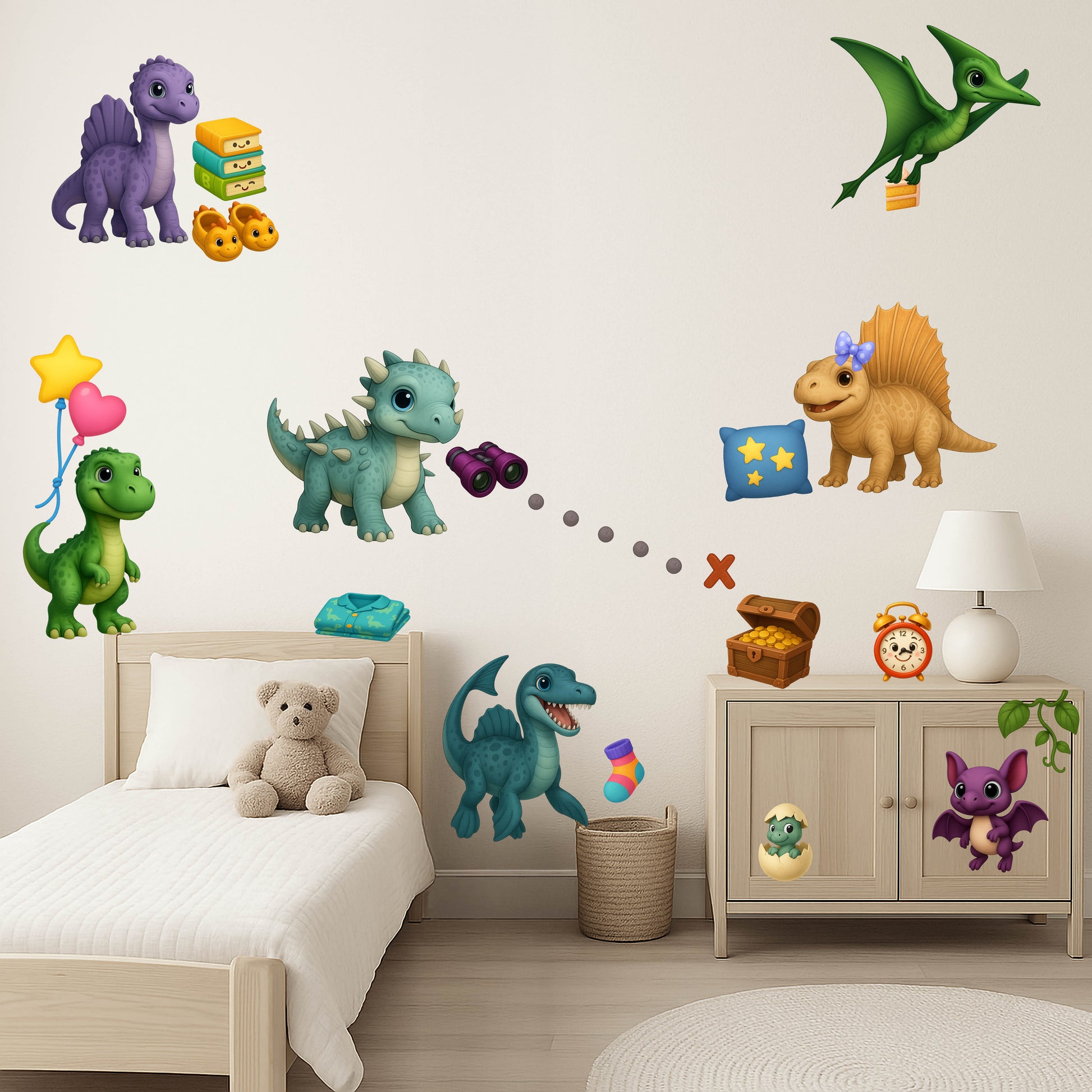 Child’s bedroom decorated with Dino Days wall stickers, featuring playful pastel dinosaurs holding balloons, binoculars, books, and socks. A dotted treasure trail leads to an X and treasure chest. Additional dino characters include a flying pterodactyl, a baby hatching from an egg, and a purple bat perched near a cabinet