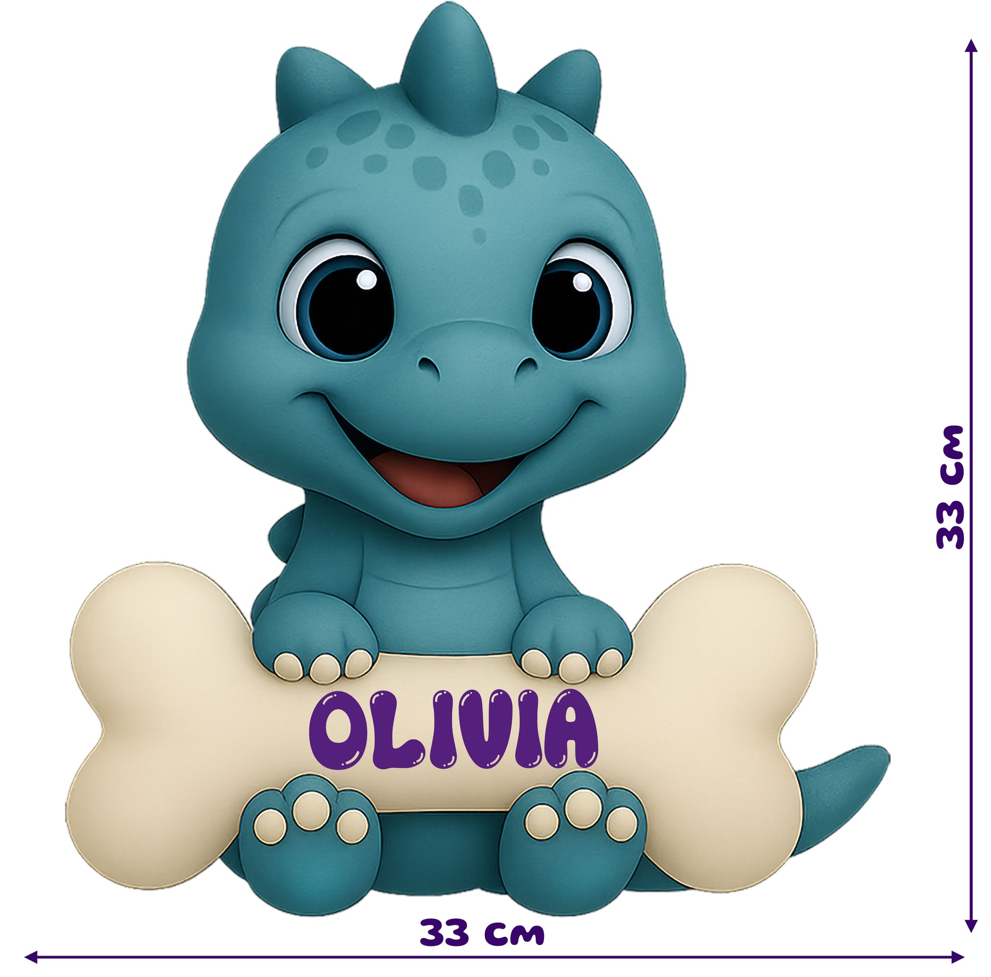 Dino Days name sticker showing a smiling baby dinosaur holding a bone with the name ‘Olivia’ printed on it, in sculpted pastel style on removable PhotoTex™