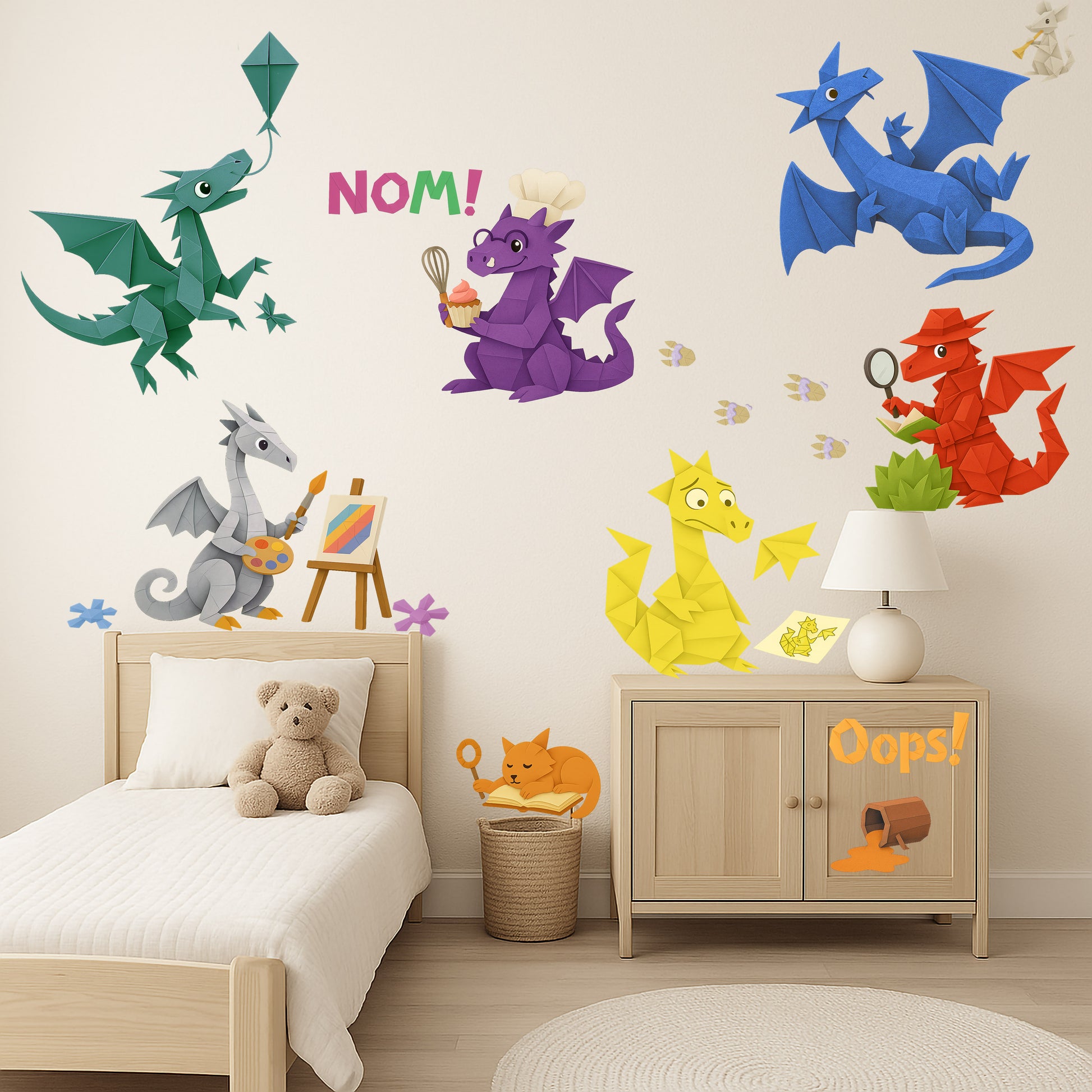 Dragon Tales wall stickers in a child’s room, featuring colourful clay-style dragons flying, painting, baking, and causing playful mischief.