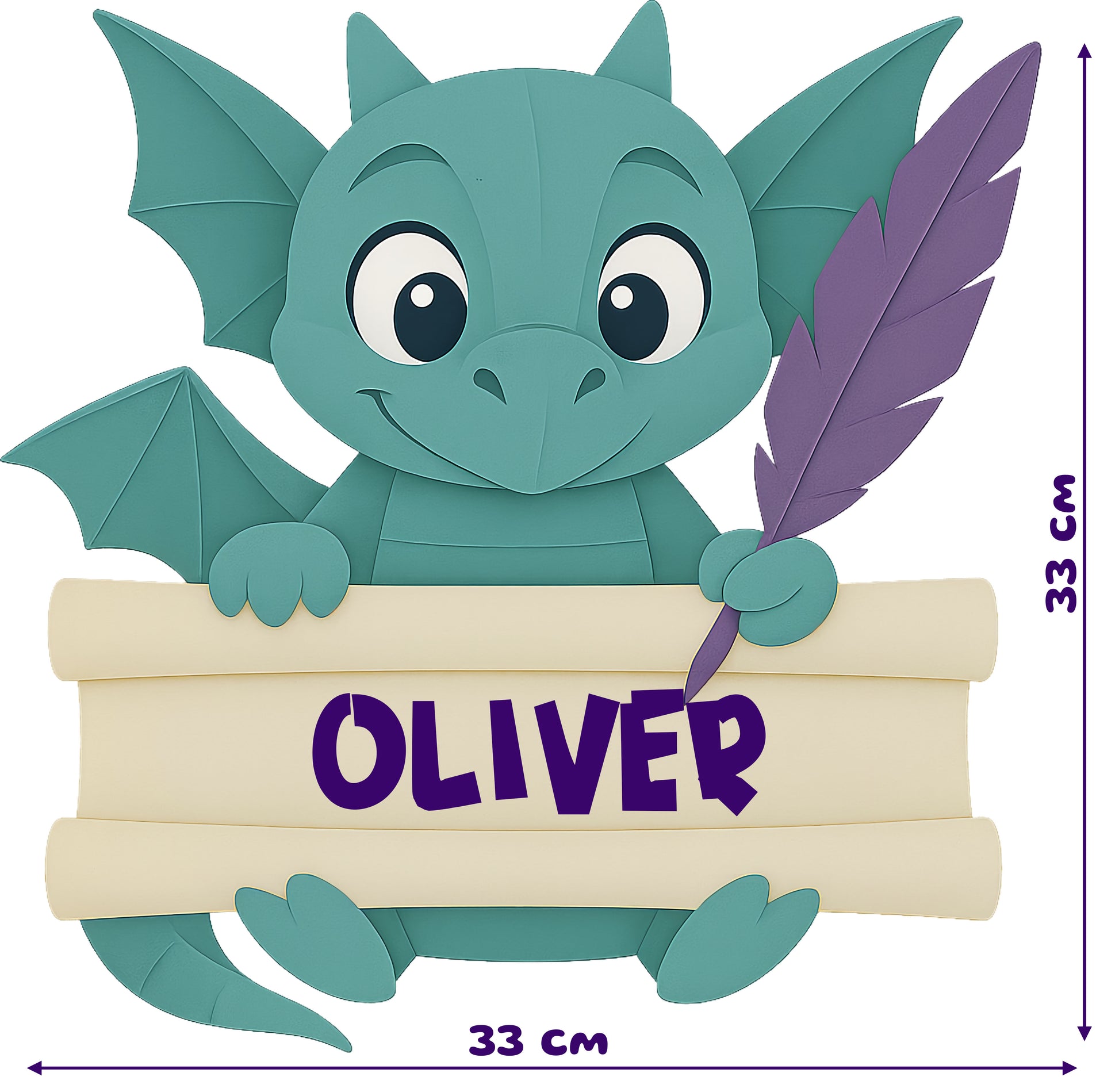 Paper-style dragon holding a scroll with the name ‘Oliver’ written on it in purple, using a quill. Printed on removable PhotoTex™.