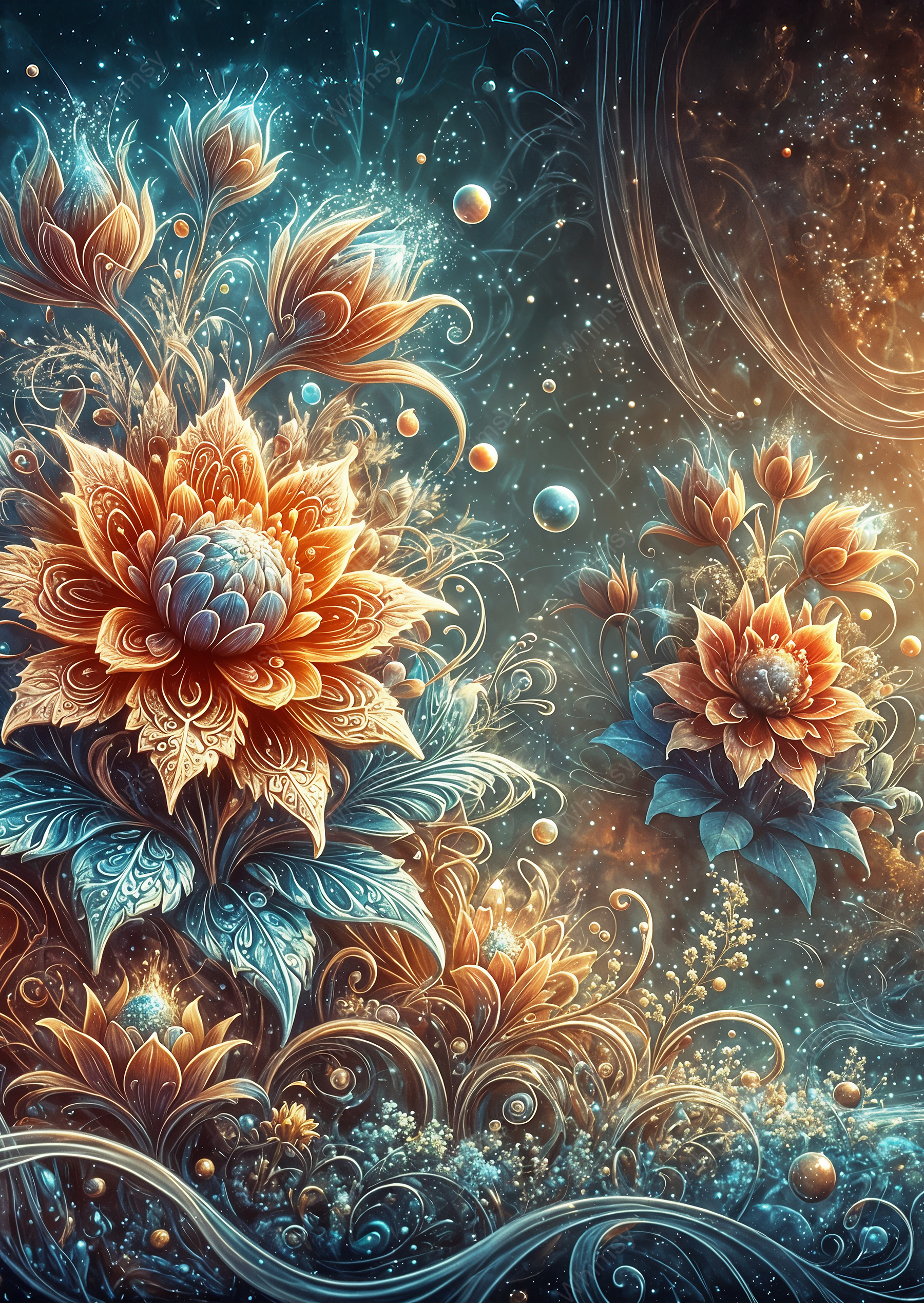 Celestial Bloom landscape orientation fine art print, glowing golden blossoms and swirling fantasy details in deep blue galaxy tones.