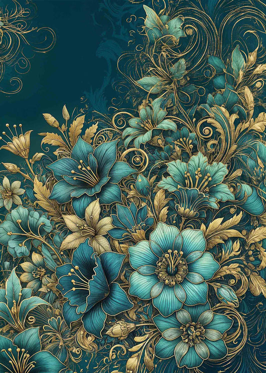 Ornate teal and gold floral decoupage paper with swirling leaves and lilies, printed on mulberry rice paper.