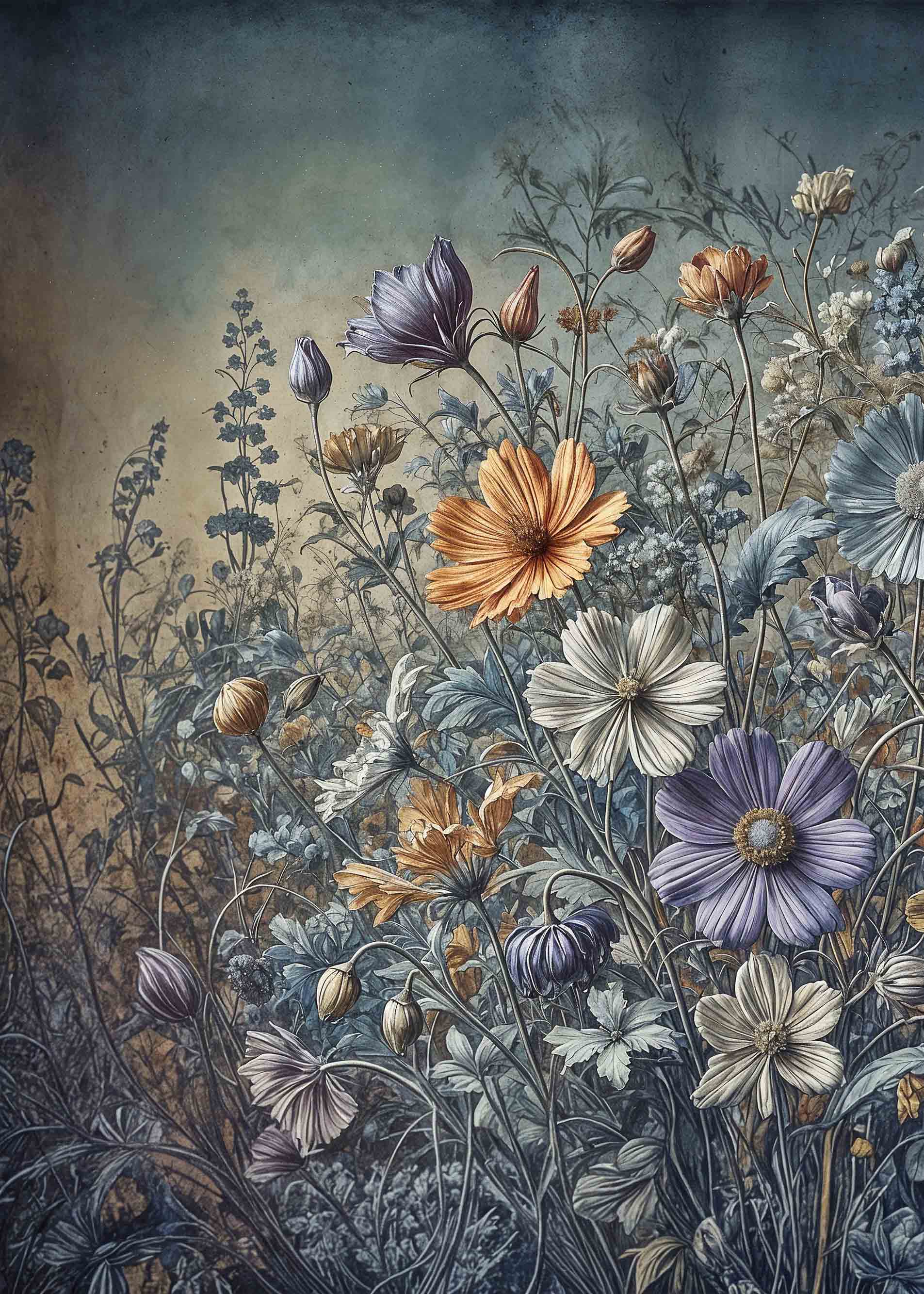 Floral Haven decoupage paper featuring pink, teal, and golden blooms – extra large format