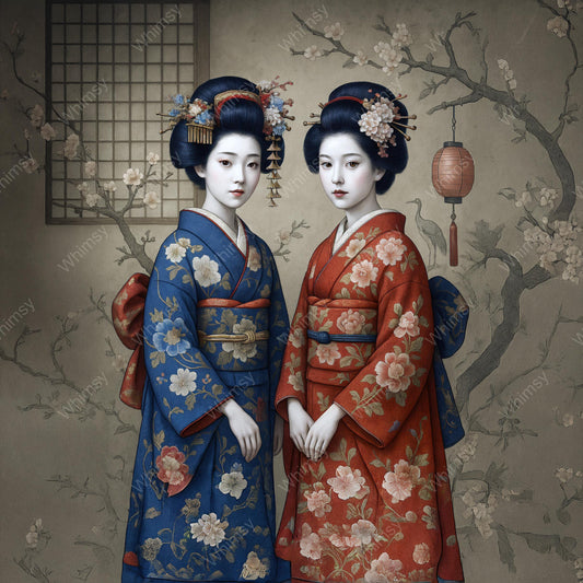 Japanese decoupage print with two women in red and blue kimono, standing side by side in symmetrical formation
