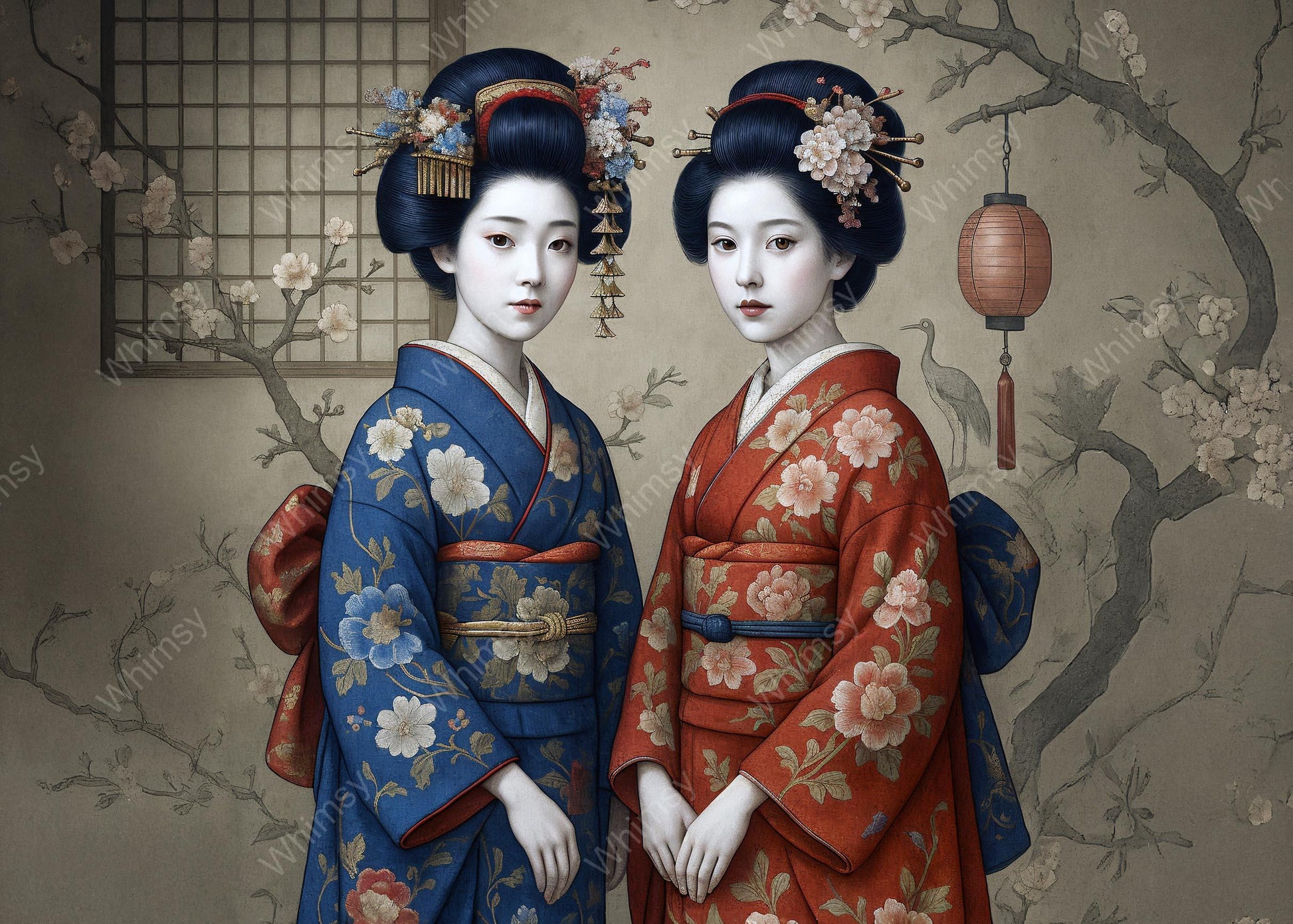 High-resolution decoupage artwork with two kimono figures in bold red and blue, ideal for furniture or panel application