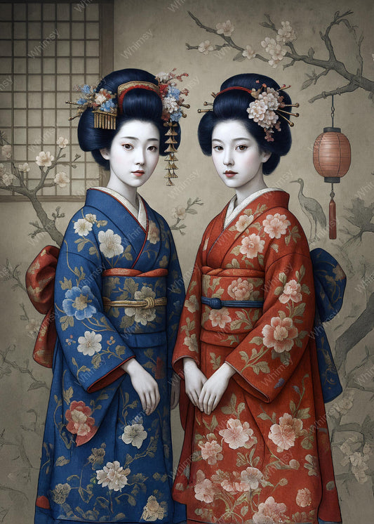Traditional kimono portrait featuring mirrored red and blue designs, inspired by Japanese visual balance