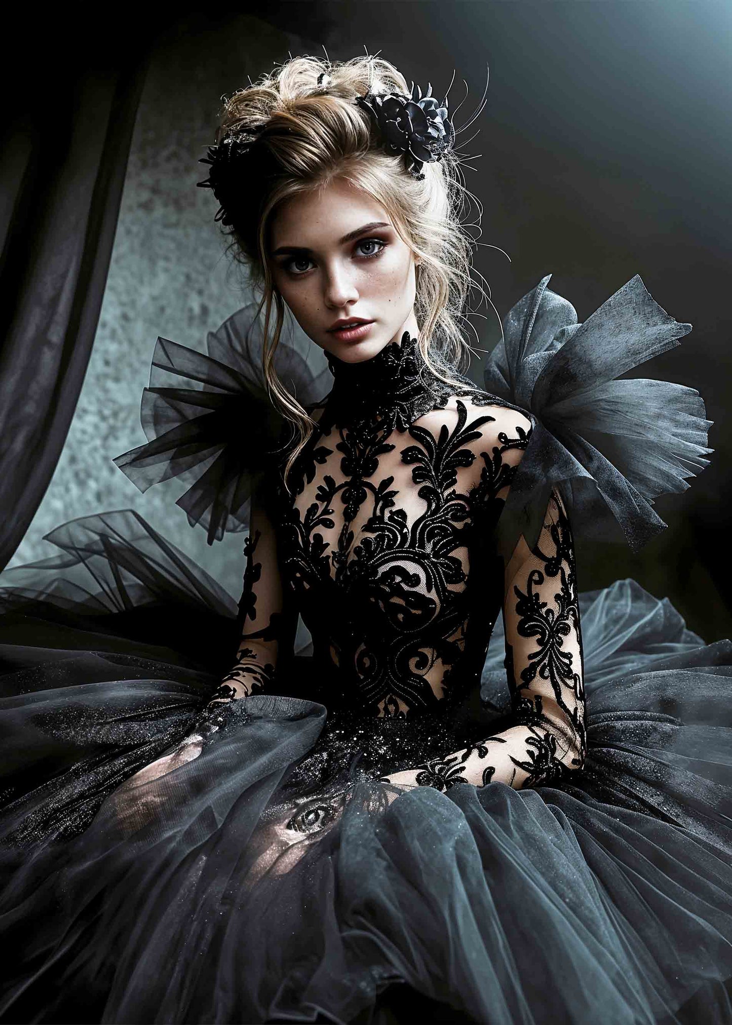 Dark fantasy portrait of a blonde model in an ornate black gown, perfect for gothic decoupage or wall art