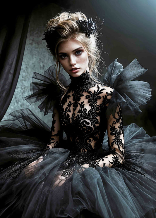 Dark fantasy portrait of a blonde model in an ornate black gown, perfect for gothic decoupage or wall art