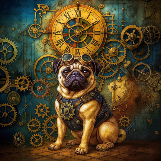 Steampunk pug illustration wearing a monocle and velvet waistcoat, ideal for decoupage, DIY crafts, and creative art projects.