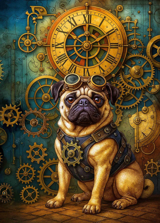 Dapper steampunk pug in Victorian attire with monocle and flair—Harvey von Snout, your next decoupage obsession.