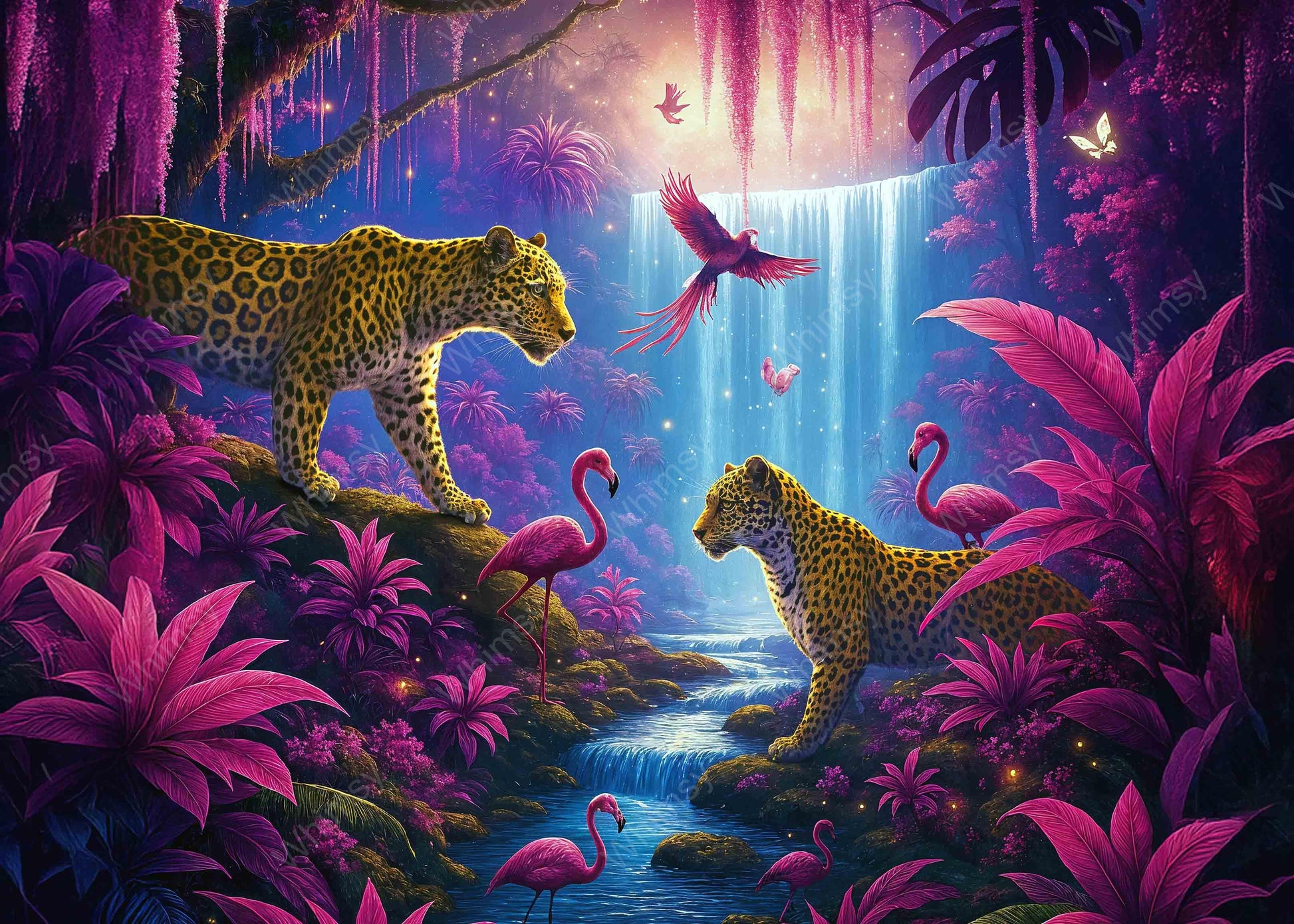 Lush fantasy jungle with golden leopards, magenta plants, and a glowing moonlit waterfall – Whimsy’s Jungle Afterglow