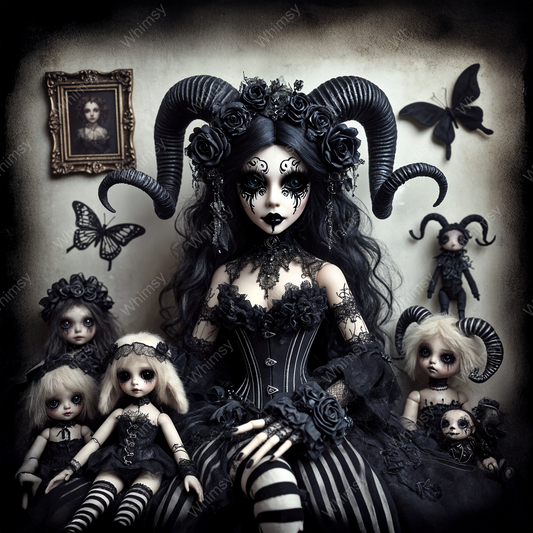 Luthra the gothic doll queen seated with black horns and lace corset, surrounded by eerie doll children