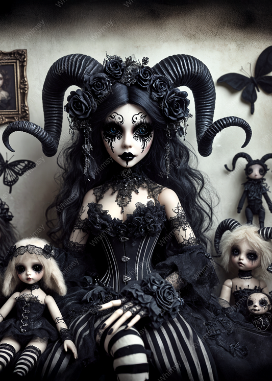 Dark fantasy decoupage image of a horned gothic figure with striped stockings and black roses