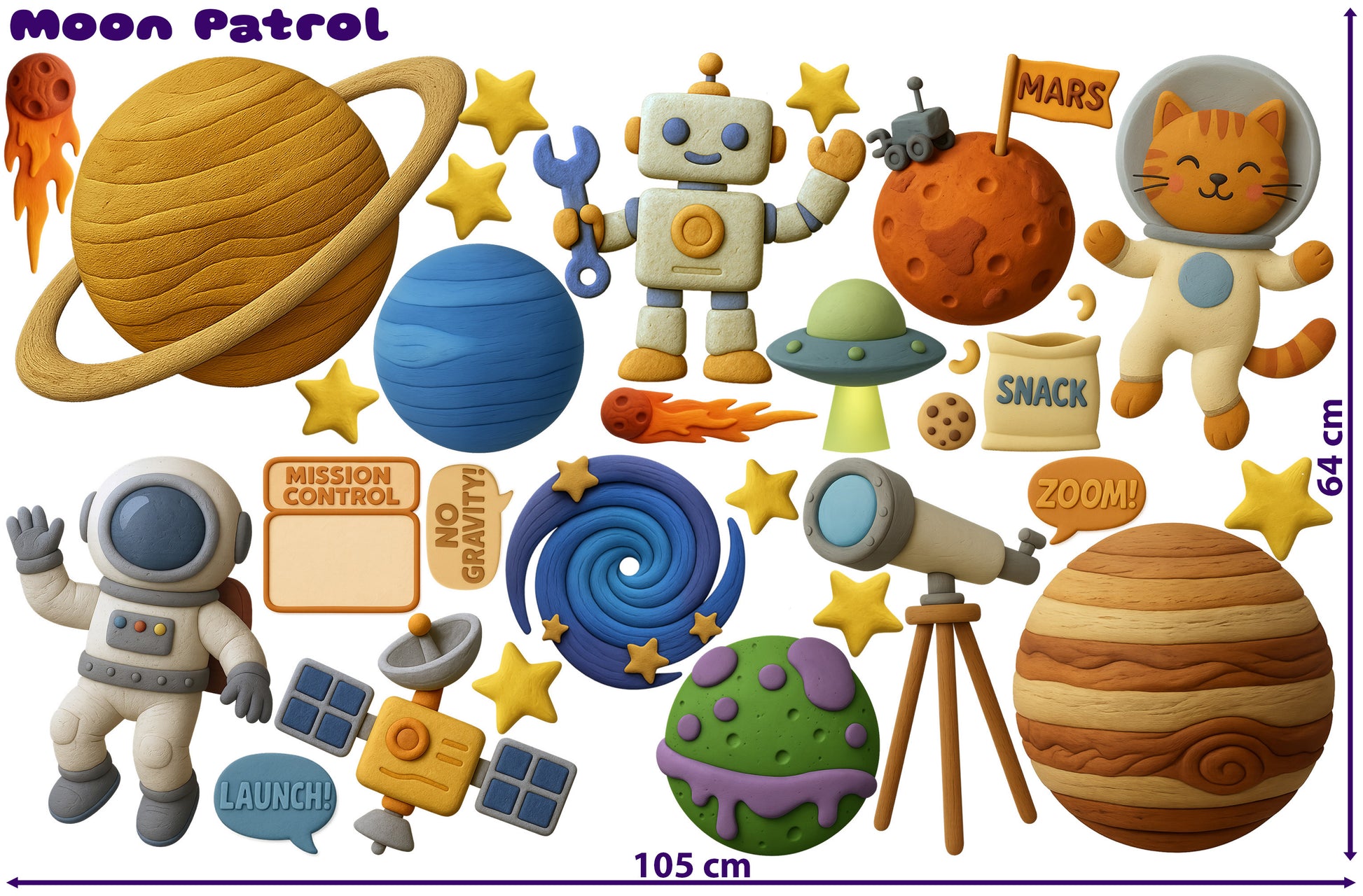 Full set of Up, Up Claystronauts stickers with planets, Claypup, rocket, and hand-sculpted moon character printed on removable Phototex.