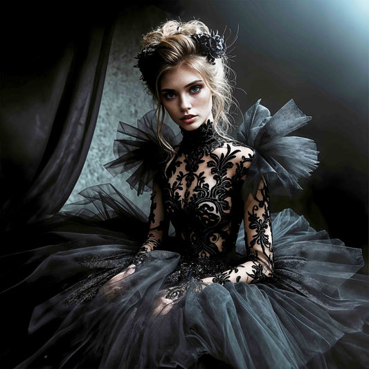 Elegant gothic woman in black lace and tulle, seated in dramatic lighting with floral headpiece and sheer sleeves