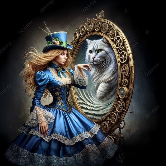 Alice in Wonderland style decoupage paper – woman in blue dress and top hat with cat reflection in a vintage mirror.