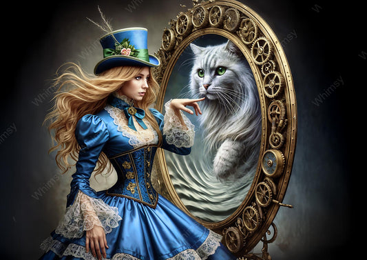 Alice in wonderland  in a blue dress and top hat interacting with a cheshire cat in a mirror.