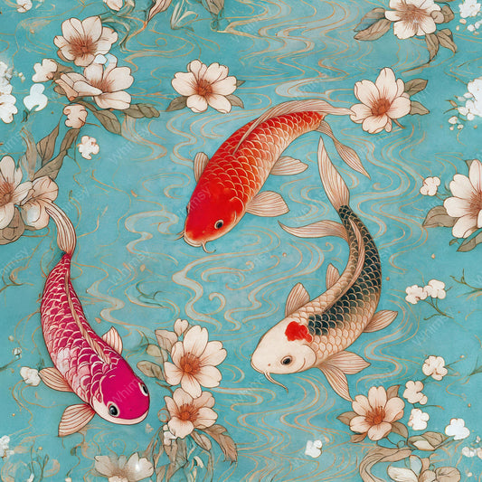 Japanese decoupage design of three koi fish swimming in aqua water with soft floral accents and gold detailing