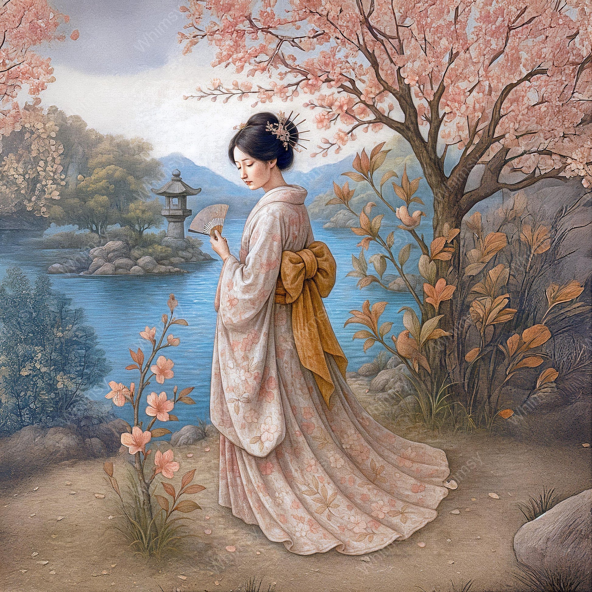 Japanese geisha in pale pink kimono holding a folding fan near a cherry blossom-lined lake
