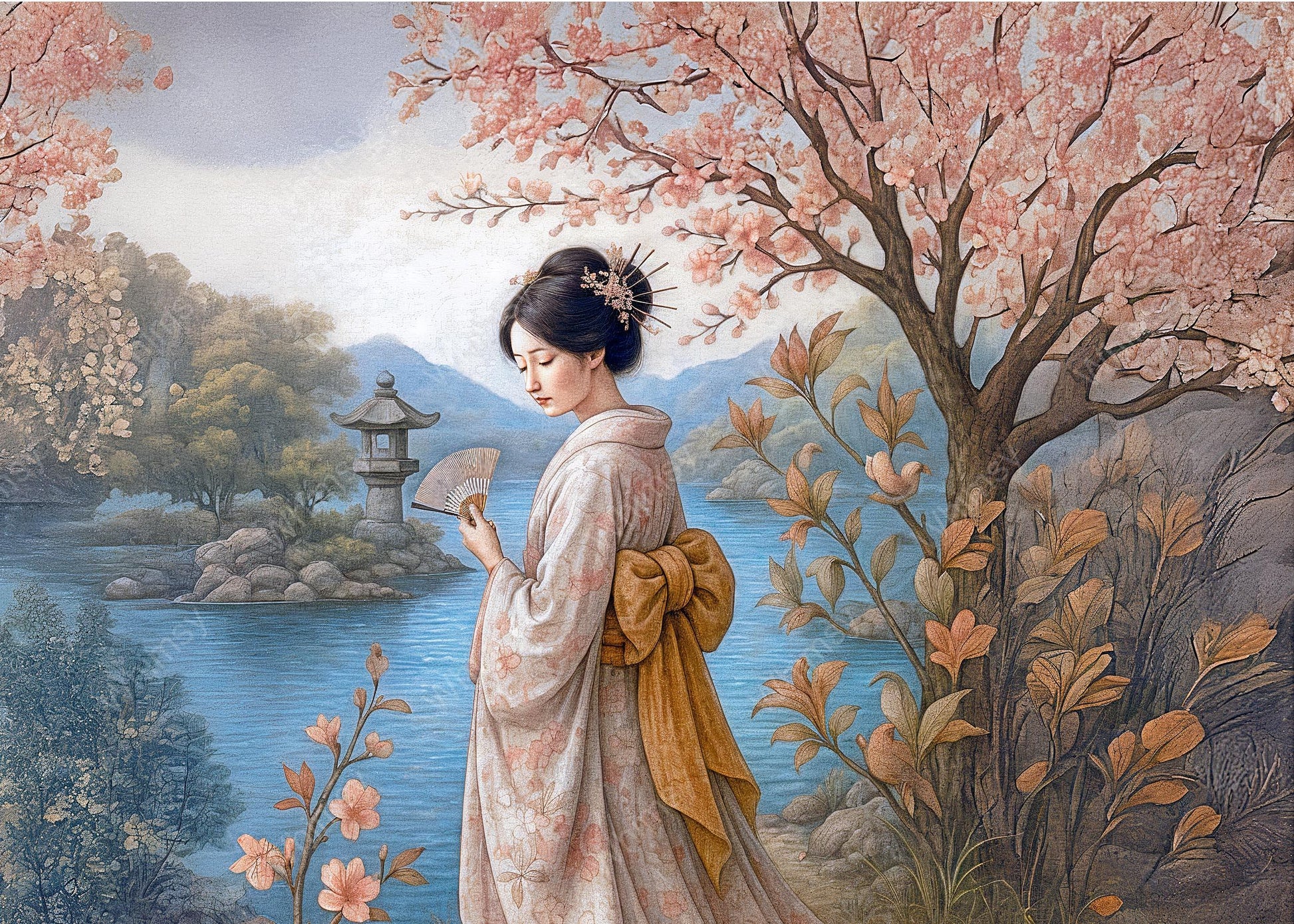 Pastel Japanese decoupage image of geisha with fan, floral garden and lake background, extra-large printable design