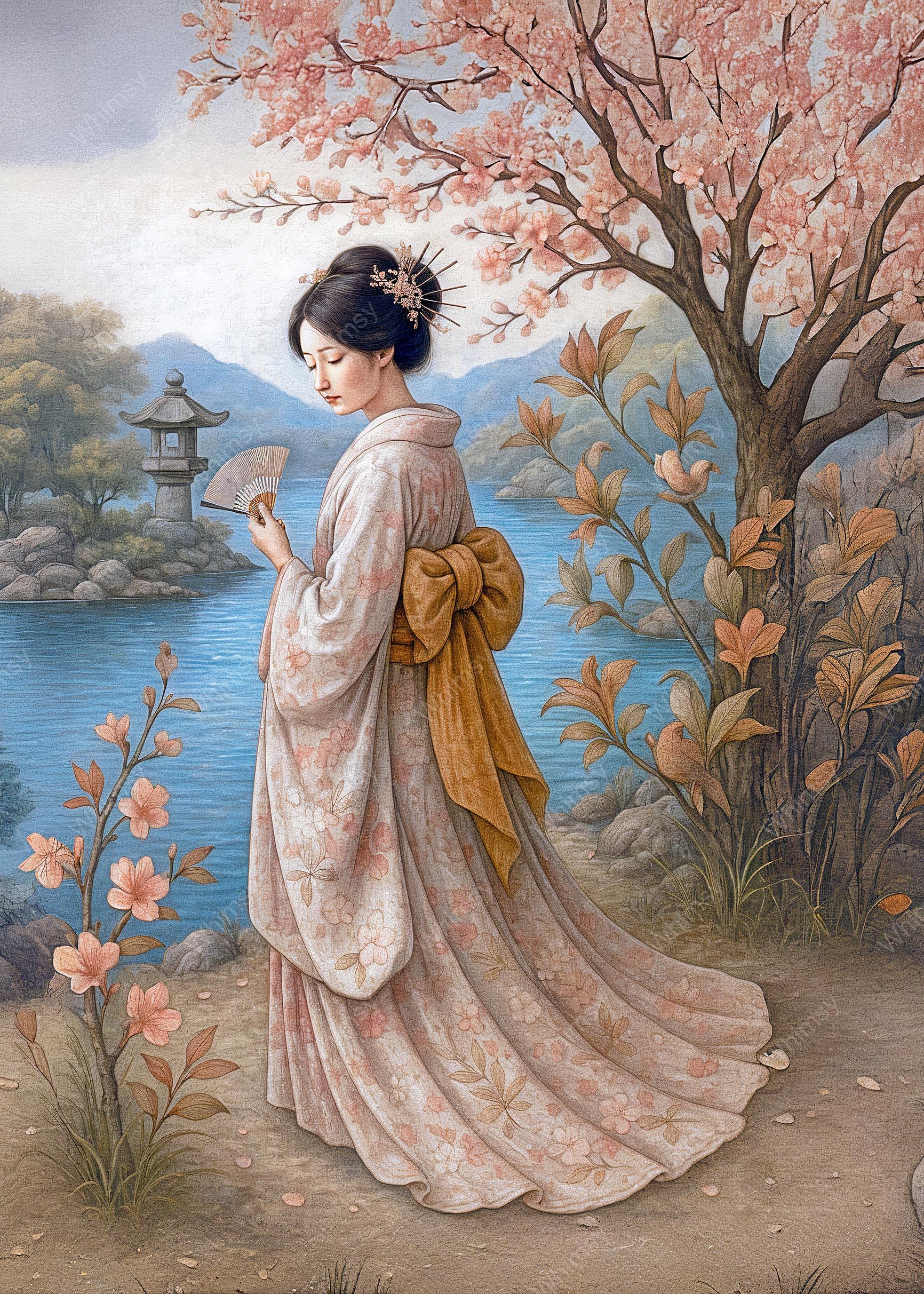 A graceful woman in traditional kimono stands by a serene lake, framed by cherry trees and soft petals, fan gently raised