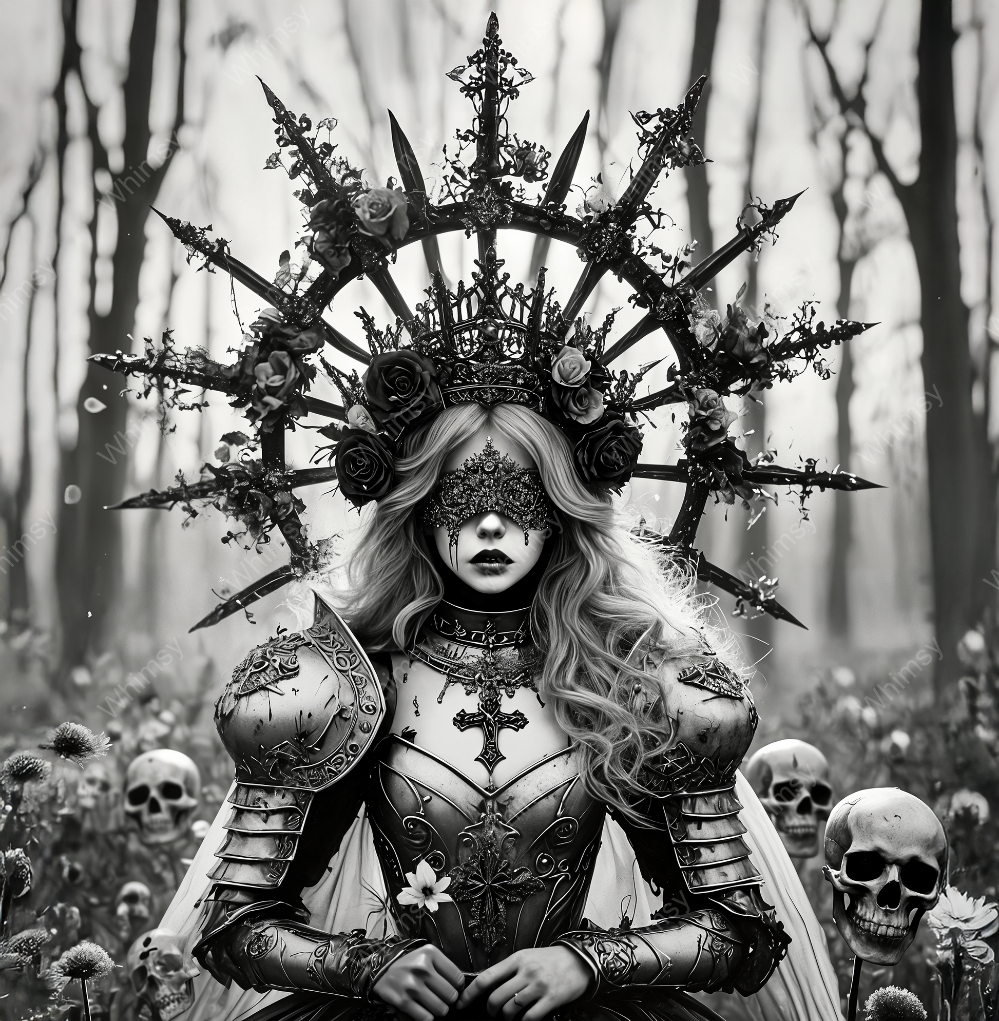 Gothic warrior queen Seraphra in armor and rose-thorn crown, eyes veiled and surrounded by skulls
