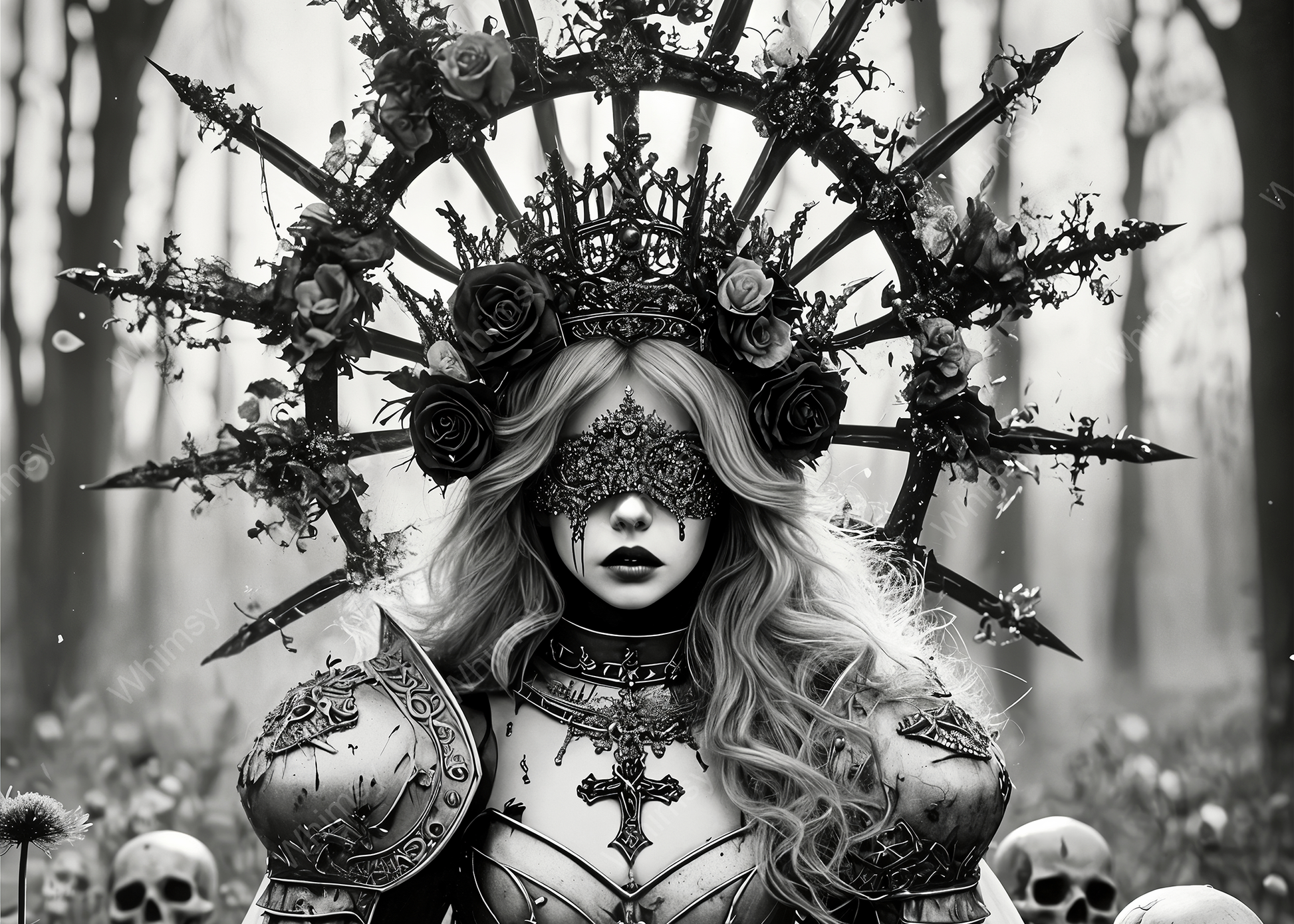Dark fantasy print of armored woman with gothic cross, thorns, and skeletal background