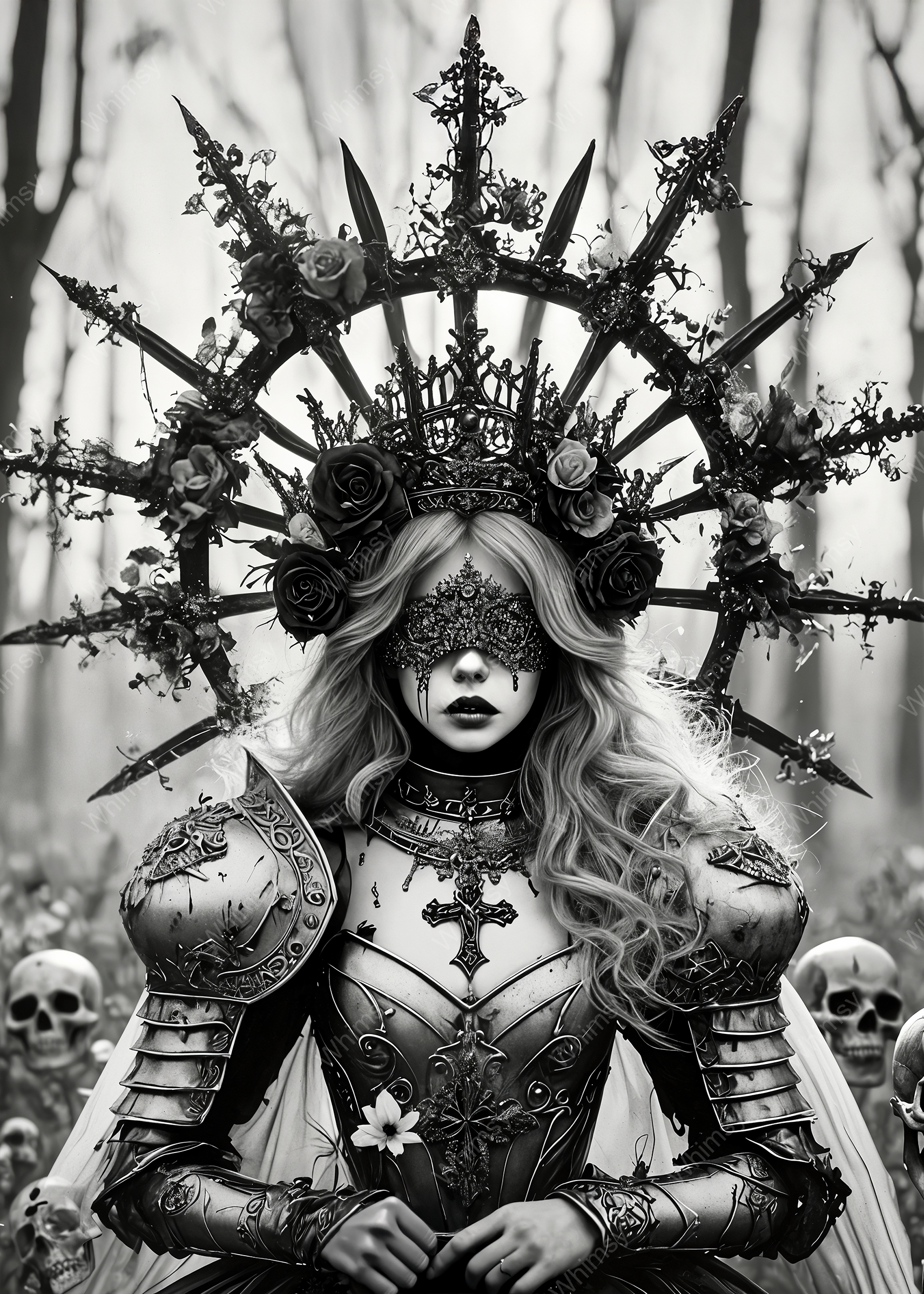 Fantasy decoupage image of a blindfolded gothic saint in ornate metalwork and floral halo