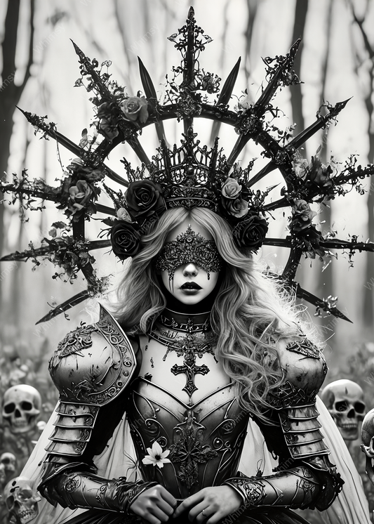 Fantasy decoupage image of a blindfolded gothic saint in ornate metalwork and floral halo