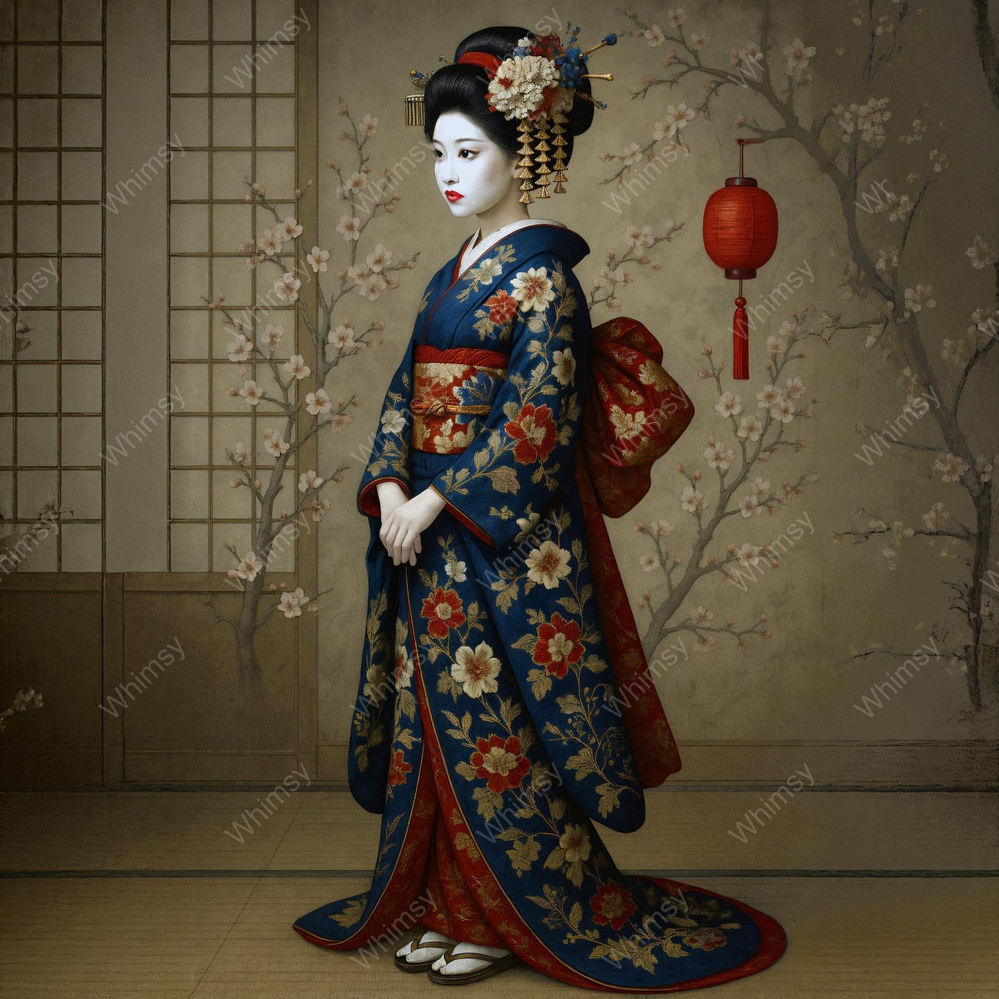 Japanese portrait of a woman in indigo and red floral kimono standing in a traditional room with shoji screens and a red lantern