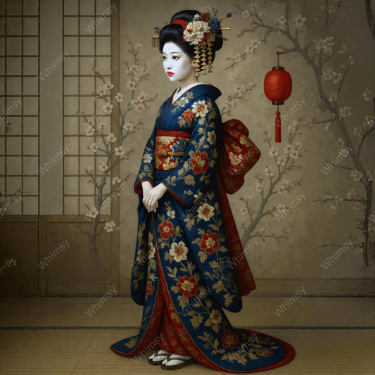 Japanese portrait of a woman in indigo and red floral kimono standing in a traditional room with shoji screens and a red lantern
