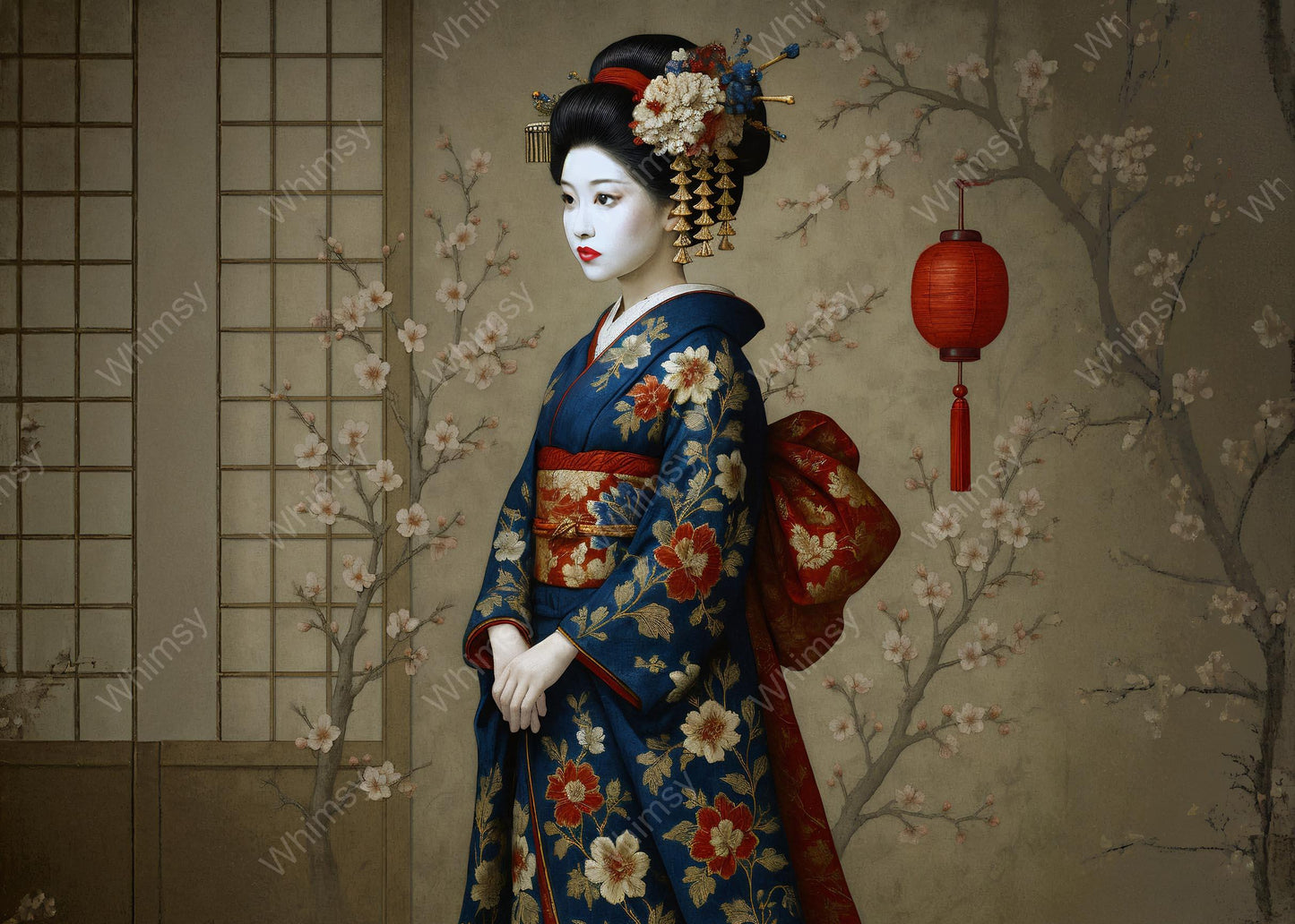 Extra-large printable decoupage artwork of a full-body geisha-style figure in navy and red, with traditional decor elements