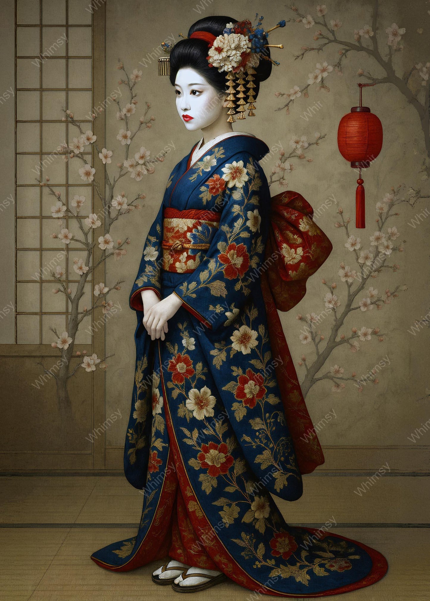 Elegant figure in richly detailed kimono, standing still beneath a hanging lantern in a painterly Japanese interior